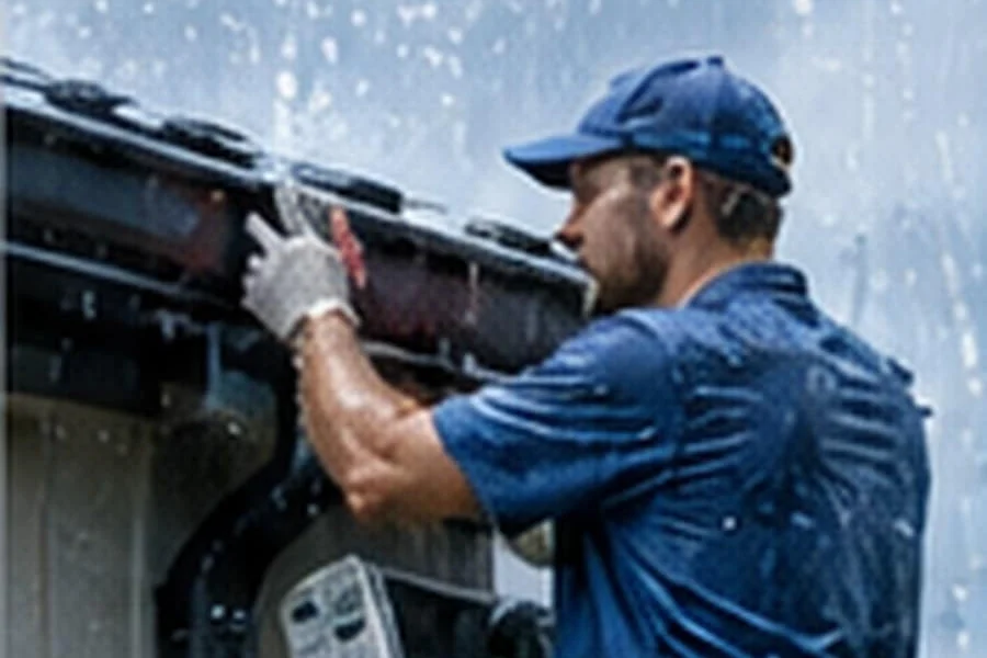 Gutter installer working on a seamless gutter from a ladder