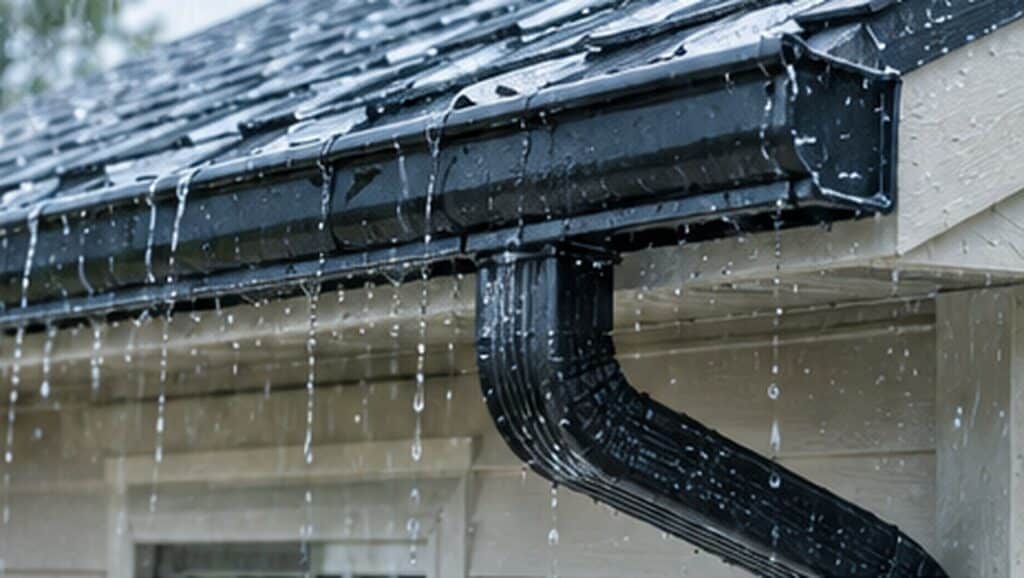 Rain running off a roof into the gutters