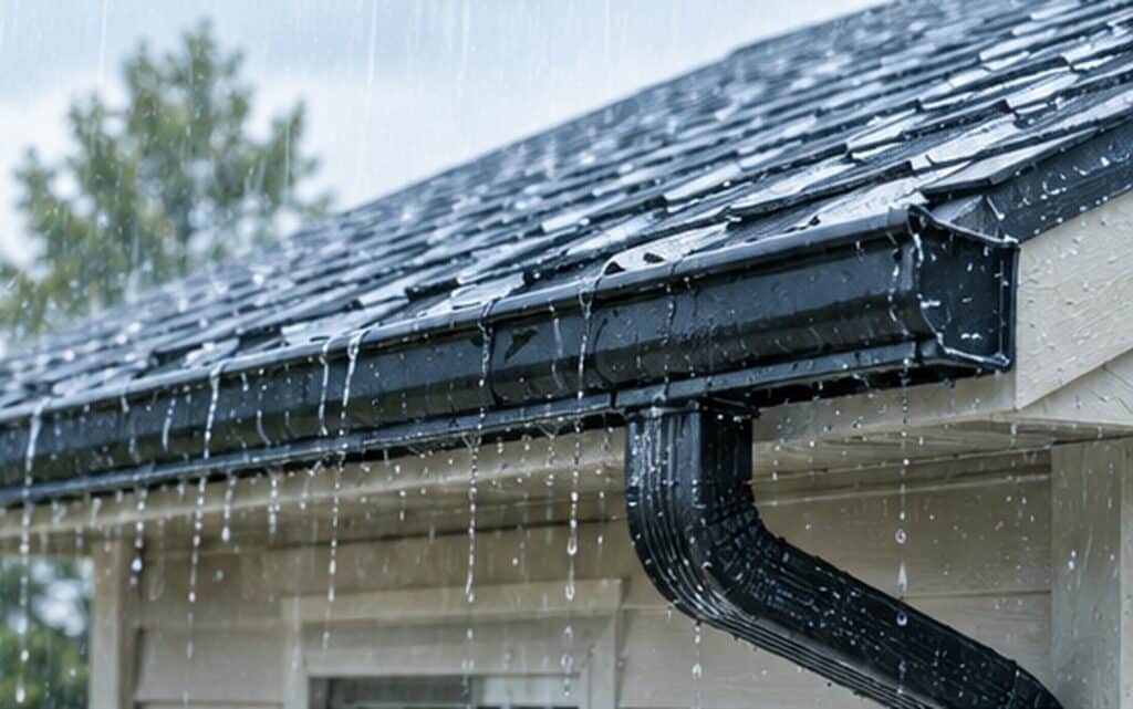 Rain gutter and downspout on a home during rain