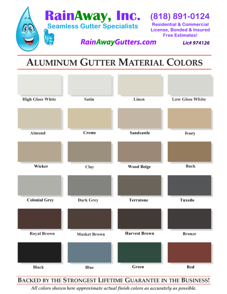 RainAway aluminum gutter material color chart with 24 factory-finished colors