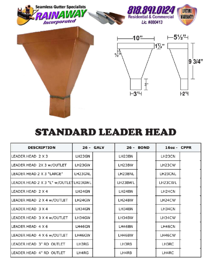 RainAway standard leader head catalog page with dimensions and part numbers