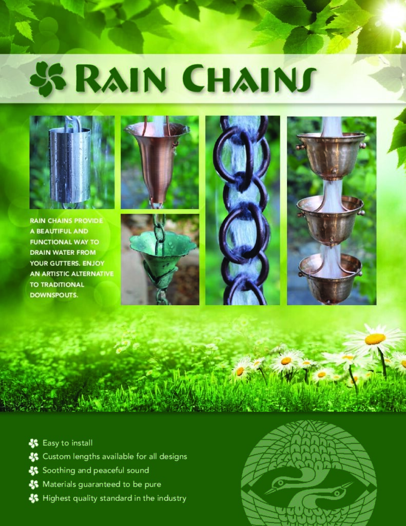 Rain chains catalog cover with copper cup and link rain chains