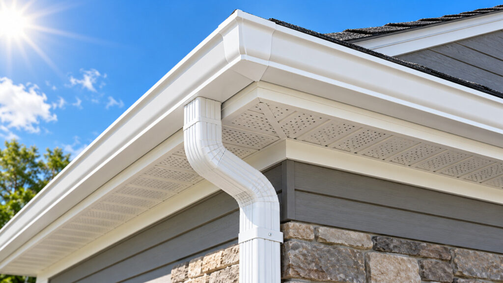 Home - Rain Gutters Los Angeles 2 White seamless rain gutter and downspout under a blue sky