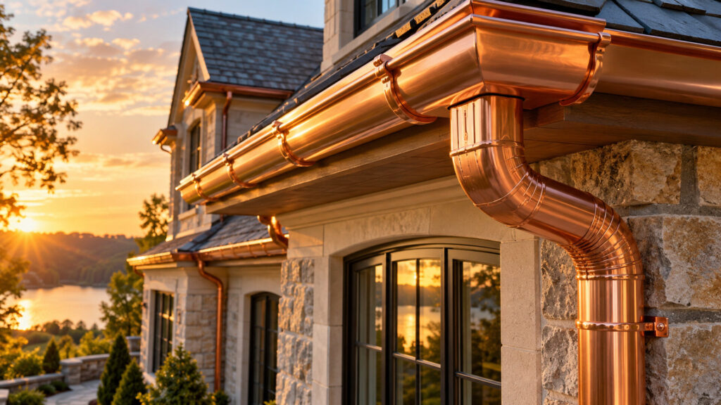 Home - Rain Gutters Los Angeles 5 Copper rain gutter and downspout on a stone home at sunset