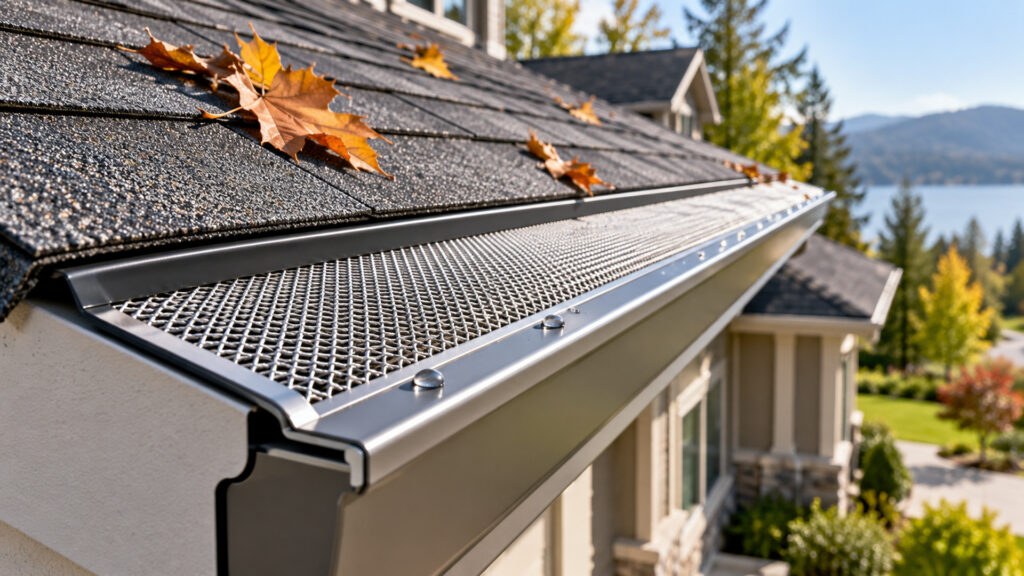 Home - Rain Gutters Los Angeles 3 Leaf guard keeping autumn leaves out of a rain gutter