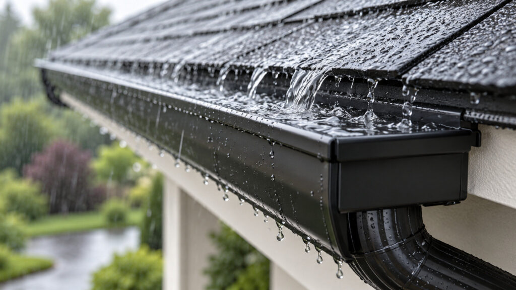 Home - Rain Gutters Los Angeles 4 Rainwater flowing through a dark seamless gutter