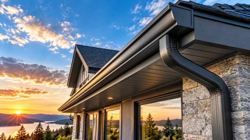 Home - Rain Gutters Los Angeles 1 Seamless dark aluminum rain gutter and downspout on a stone home at sunset